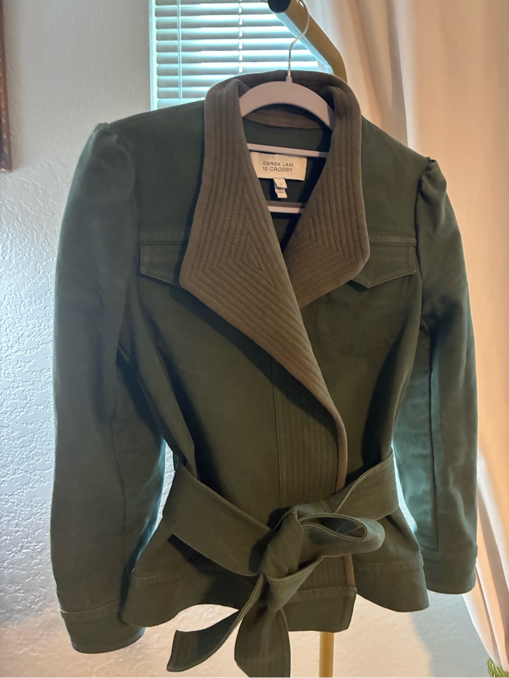 10 Crosby Derek Lam Olive Green Quilted-Lapel Belted Trench Jacket